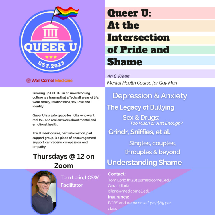 Flyer about Queer U with headshot of Tom Lorio