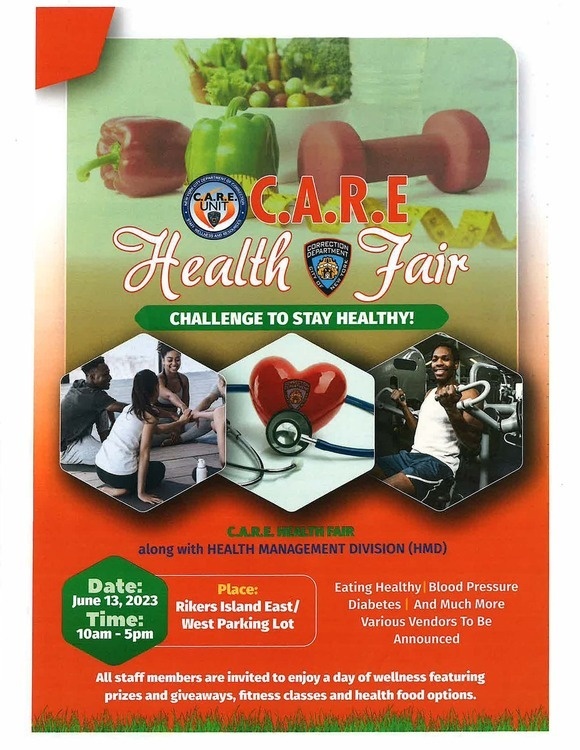 C.A.R.E. flyer says challenge to stay healthy with people working out, vegetables, a dumbbell and measuring tape, and a heart with the correction department logo surrounded by a stethoscope 