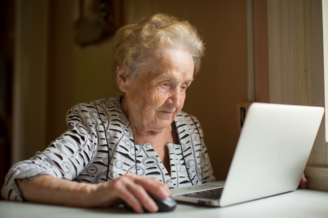Woman using patient portal system at home.